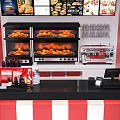 Fast Food Restaurant Interior With Ovens Menu Boards Drink Cups And Cash Register