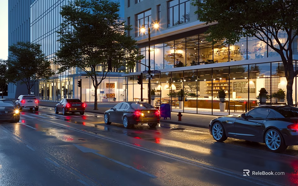 Modern Commercial Street With Wet Road Surface Street Lights Glass Buildings And Cars At Night 3d model 