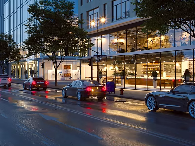 Modern Commercial Street With Wet Road Surface Street Lights Glass Buildings And Cars At Night 3d model