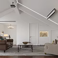 Cozy Living Room Interior Design With Sloped Ceiling Fireplace Sofa Armchair Rug And Wooden Floor