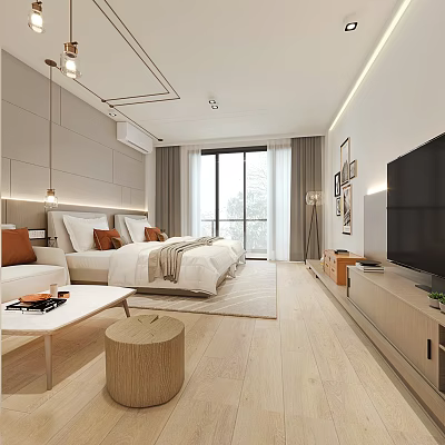 Hotel Guest Room Modern Design With Comfortable Bed Sofa TV And Floor to Ceiling Window 3d model