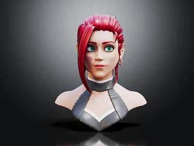 Female Character 3D Bust With Pink Hair Green Eyes Silver Collar And Earrings 3d model