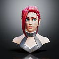 Female Character 3D Bust With Pink Hair Green Eyes Silver Collar And Earrings