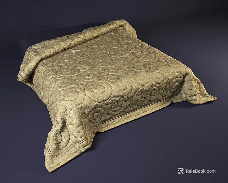 Beige Quilt With Swirl Patterns On Bed Against Dark Blue Background 3d model 