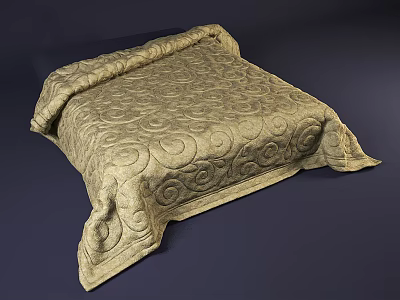 Beige Quilt With Swirl Patterns On Bed Against Dark Blue Background 3d model