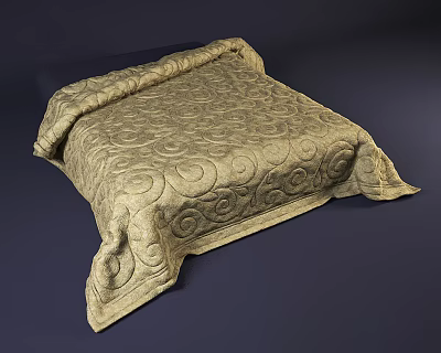 Beige Quilt With Swirl Patterns On Bed Against Dark Blue Background 3d model