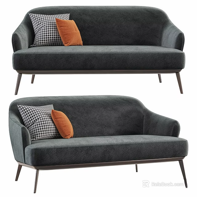 Modern Gray Sofa Design With Checkered And Orange Pillows And Metal Legs 3d model 