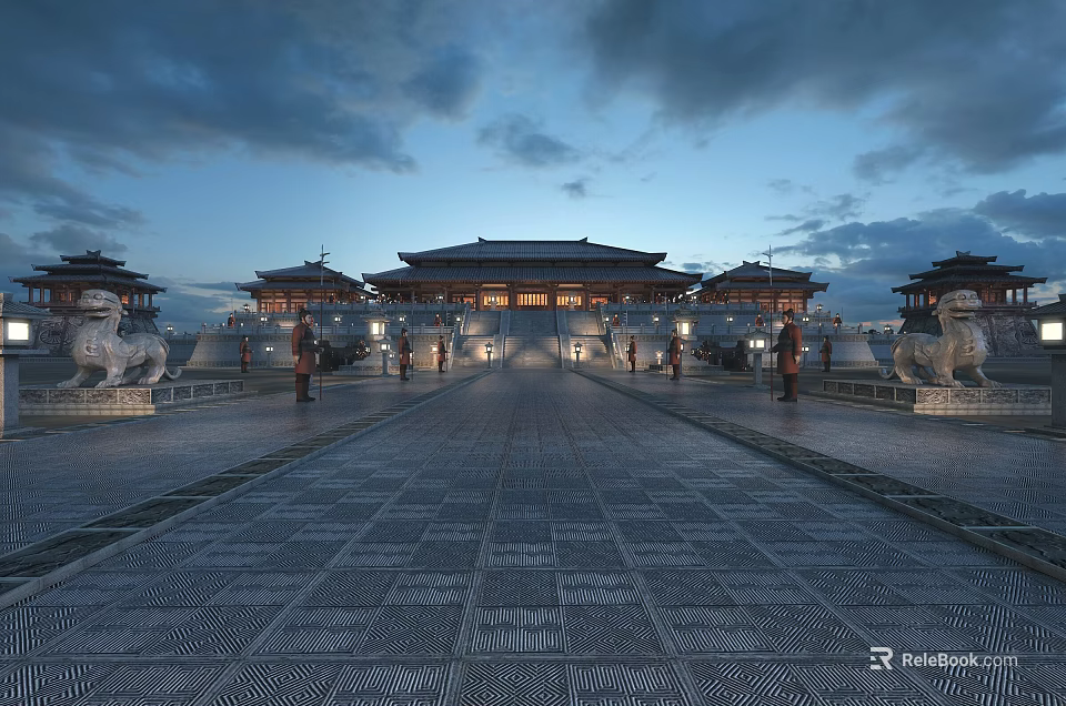 Traditional Chinese Ancient Architecture Courtyard Featuring Stone Pavement Lion Statues And Evening Lighting 3d model 