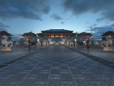 Traditional Chinese Ancient Architecture Courtyard Featuring Stone Pavement Lion Statues And Evening Lighting 3d model