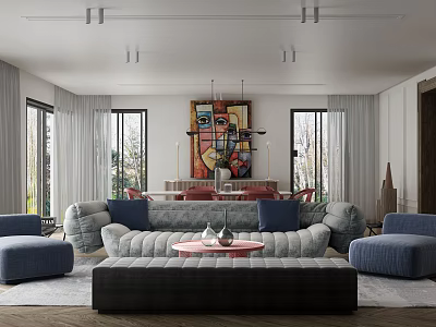 Modern Living And Dining Room Interior Design With Gray Sofa Red Chairs And Colorful Artwork 3d model
