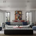 Modern Living And Dining Room Interior Design With Gray Sofa Red Chairs And Colorful Artwork