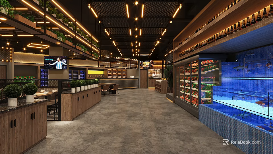 Modern Restaurant Interior With Wine Racks Seafood Display And Dining Seating Area 3d model