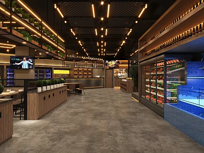Modern Restaurant Interior With Wine Racks Seafood Display And Dining Seating Area 3d model