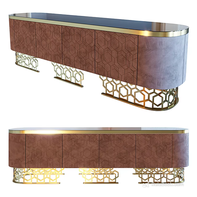 Elegant Modern TV Stand With Honeycomb Pattern Velvet Panels And Gold Geometric Legs 3d model 