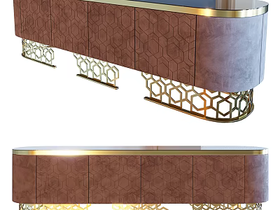 Elegant Modern TV Stand With Honeycomb Pattern Velvet Panels And Gold Geometric Legs 3d model