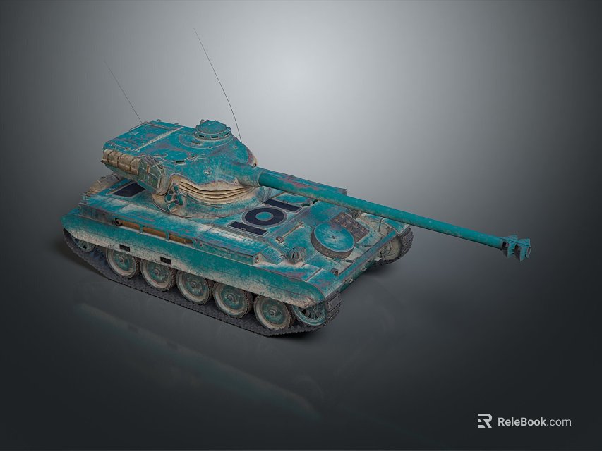 Turquoise Weathered Military Tank With Long Cannon Detailed Turret And Metal Tracks 3d model 