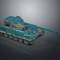 Turquoise Weathered Military Tank With Long Cannon Detailed Turret And Metal Tracks