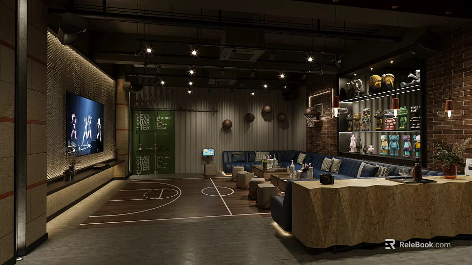 Basketball Themed KTV Interior Featuring Modern Design Sofa Seating And Sports Decorations 3d model 