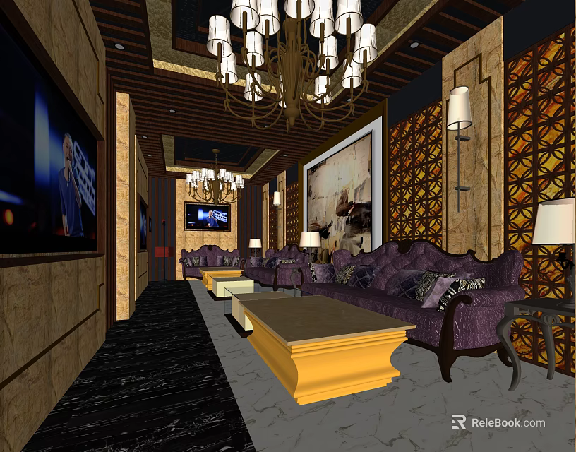 Luxurious KTV Lounge Interior With Chandeliers Sofa TV Screen And Decorative Walls 3d model 