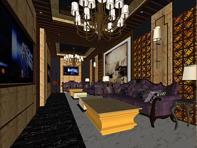 Luxurious KTV Lounge Interior With Chandeliers Sofa TV Screen And Decorative Walls 3d model