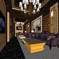 Luxurious KTV Lounge Interior With Chandeliers Sofa TV Screen And Decorative Walls