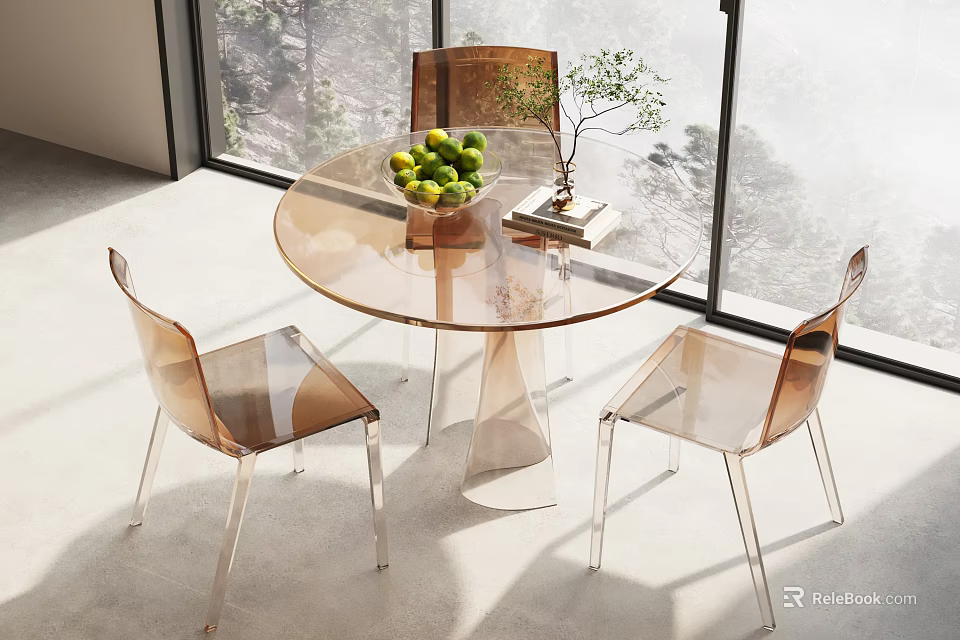 Modern Round Transparent Glass Table With Transparent Chairs Green Fruits Small Plant And Scenic Window View 3d model 