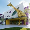 Modern School Building With White And Purple Facade Geometric Windows Open Plaza And Green Trees