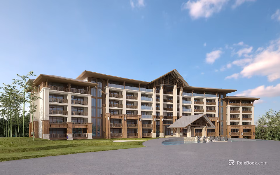 Contemporary Multi Story Hotel Building Featuring Wooden Stone Exterior Large Windows And Green Lawn Entrance 3d model 
