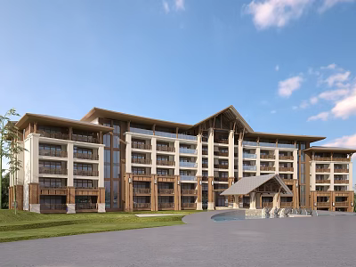 Contemporary Multi Story Hotel Building Featuring Wooden Stone Exterior Large Windows And Green Lawn Entrance 3d model