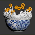 Orange Donuts Splashing in White Milk with Blue and White Patterned Bowl