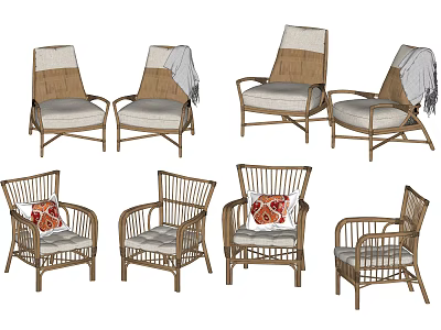 Various Styles of Rattan Leisure Chairs with Wooden Frames and Decorative Accent Cushions 3d model