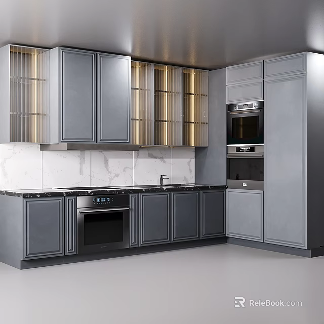 Modern Kitchen Interior With Gray Open Glass Door Cabinets Marble Countertop And Built-in Oven 3d model 
