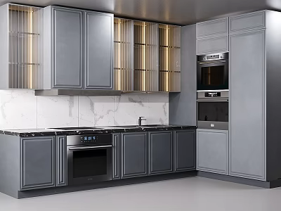 Modern Kitchen Interior With Gray Open Glass Door Cabinets Marble Countertop And Built-in Oven 3d model