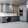 Modern Kitchen Interior With Gray Open Glass Door Cabinets Marble Countertop And Built-in Oven