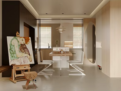 Modern Open Concept Dining Area With Wooden Table Chairs Artwork Pendant Light And Blinds 3d model