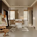 Modern Open Concept Dining Area With Wooden Table Chairs Artwork Pendant Light And Blinds