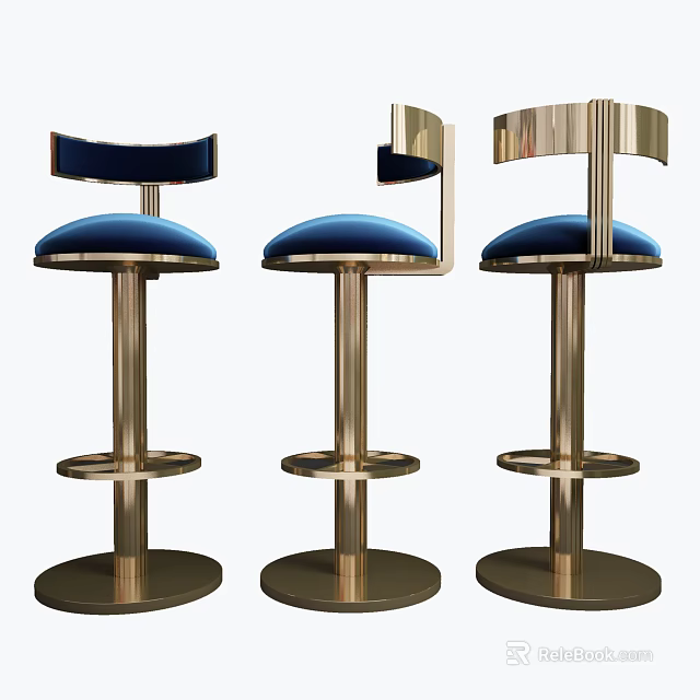 Stylish Modern Bar Stools With Blue Padded Seats And Curved Metal Backrests 3d model 
