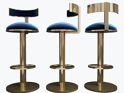 Stylish Modern Bar Stools With Blue Padded Seats And Curved Metal Backrests 3d model