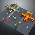 Various Airplane Models In Different Colors Including Helicopter Placed On Gray Display Platform 3d model