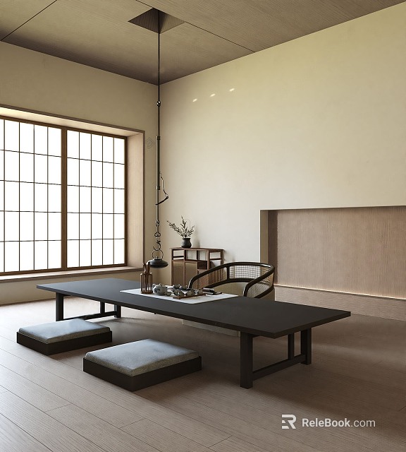 Traditional Tea Room Interior With Wooden Table Floor Cushions And Sliding Windows 3d model 