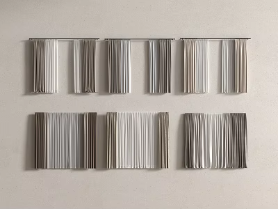 Gray and Beige Vertical Striped Curtains with Multiple Panels Hanging on Wall 3d model