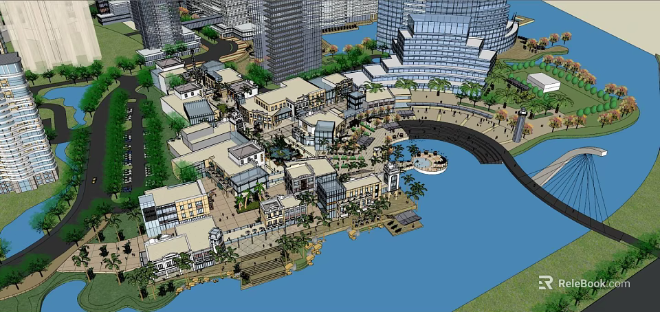 Waterfront Commercial Street With Modern Buildings Palm Trees And Pedestrian Area 3d model 