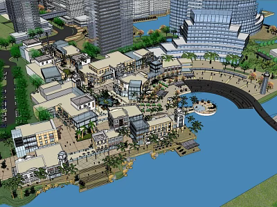 Waterfront Commercial Street With Modern Buildings Palm Trees And Pedestrian Area 3d model