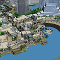 Waterfront Commercial Street With Modern Buildings Palm Trees And Pedestrian Area