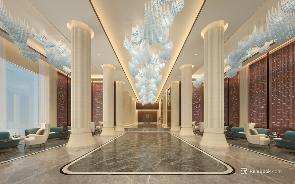 Luxurious Hotel Lobby Interior With Crystal Chandeliers Marble Floor Columns And Sofas 3d model 