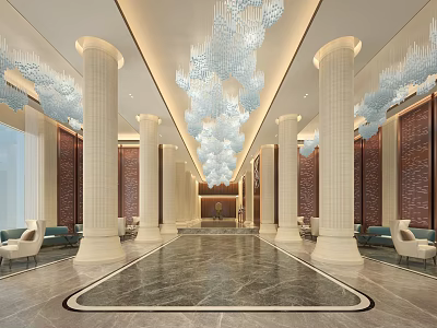 Luxurious Hotel Lobby Interior With Crystal Chandeliers Marble Floor Columns And Sofas 3d model
