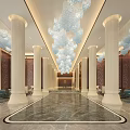 Luxurious Hotel Lobby Interior With Crystal Chandeliers Marble Floor Columns And Sofas