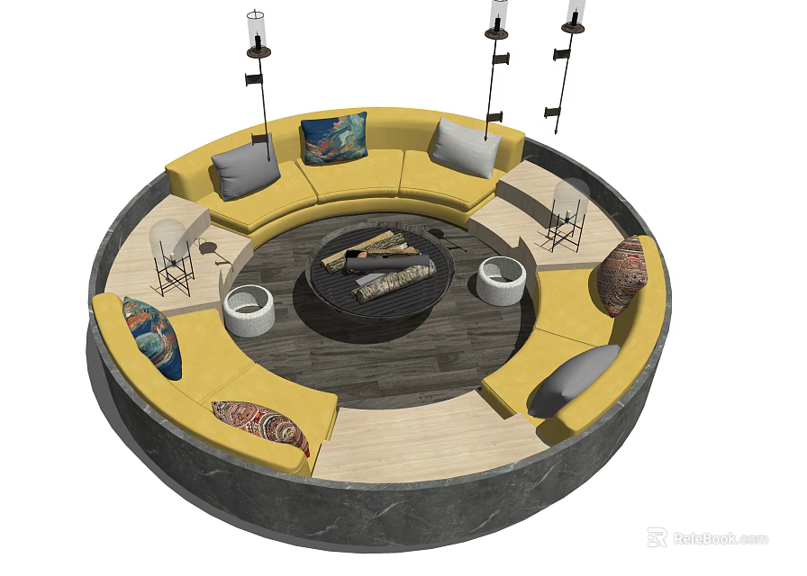 Round Yellow Sofa Coffee Table Set With Colorful Cushions And Wood Logs On Table 3d model 