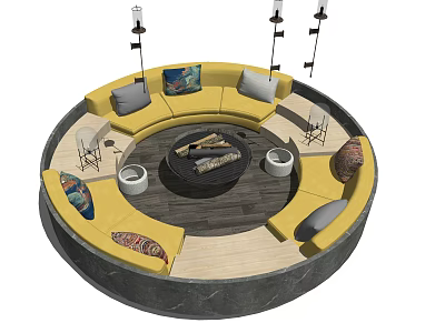 Round Yellow Sofa Coffee Table Set With Colorful Cushions And Wood Logs On Table 3d model