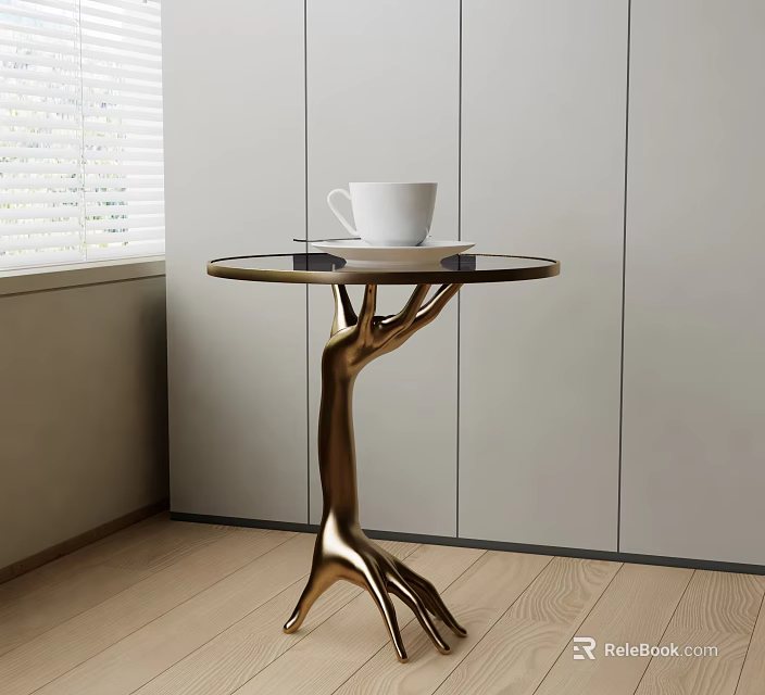 Golden Tree Shaped Base Side Table with Round Glass Top and White Cup Saucer 3d model 